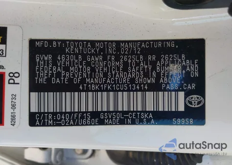 2012 Toyota Camry Se V6 z USA, uszkodzony, nr VIN 4T1BK1FK1CU513414